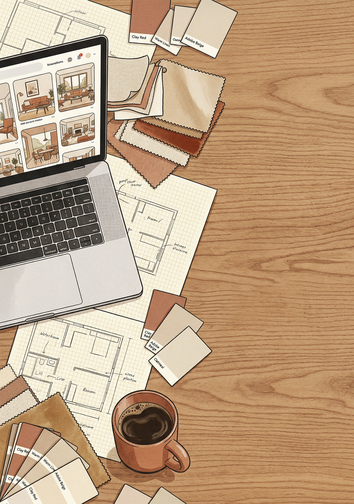 Stůl s plány, vzorníky barev a otevřeným notebookem